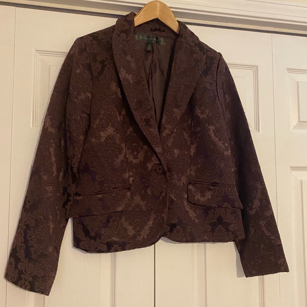 Apostrophe brocade fabric women’s wine colored blazer sz 12